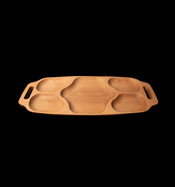 Platou lemn pentru servire cu 5 compartimente cu manere